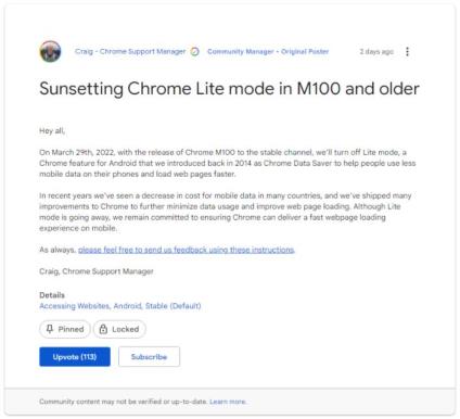 安卓版 Chrome M100 版本将取消“精简模式” 安卓版 Chrome M100 版本将取消“精简模式”