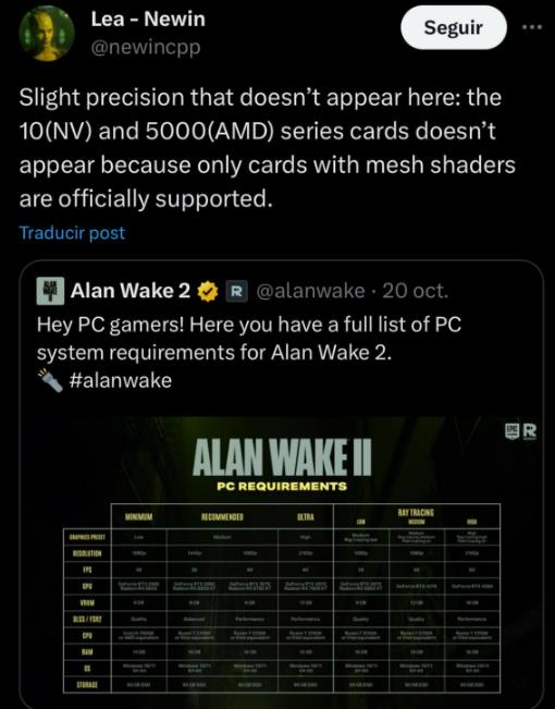 英伟达GTX 10系列和AMD 5000系列GPU不支持《心灵杀手2》